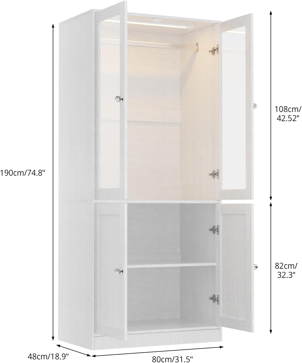 VIEN 31.5" W Glass Door Armoire Closet with LED Lighting, Shelves