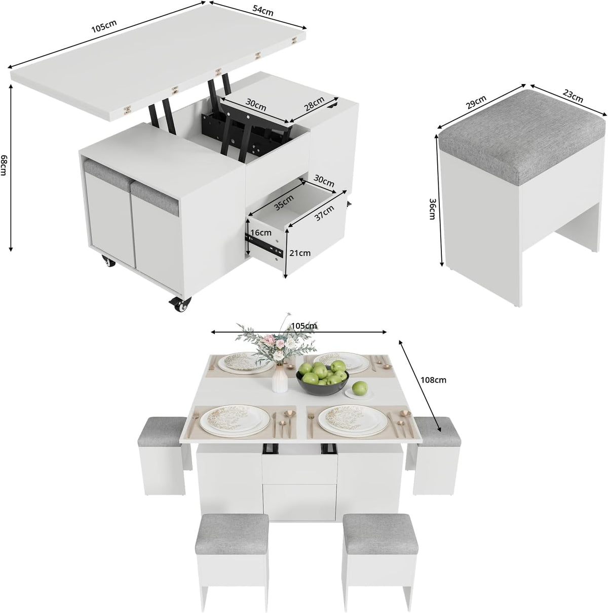 KOPPLI Synchronized Lift-Top Folding Coffee Table Set with Wheels