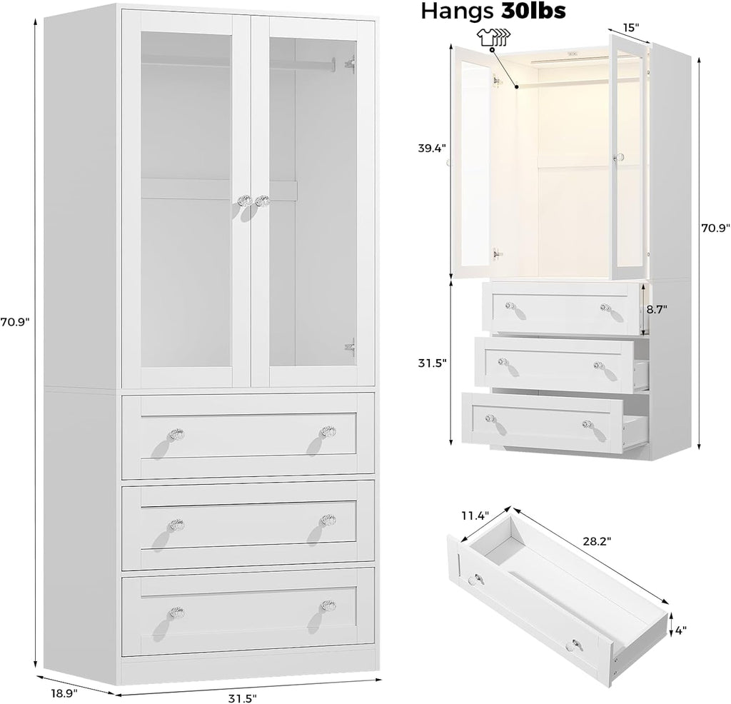 VIEN 31.5" W Glass Door Armoire Closet with LED Lighting, 3 Drawers