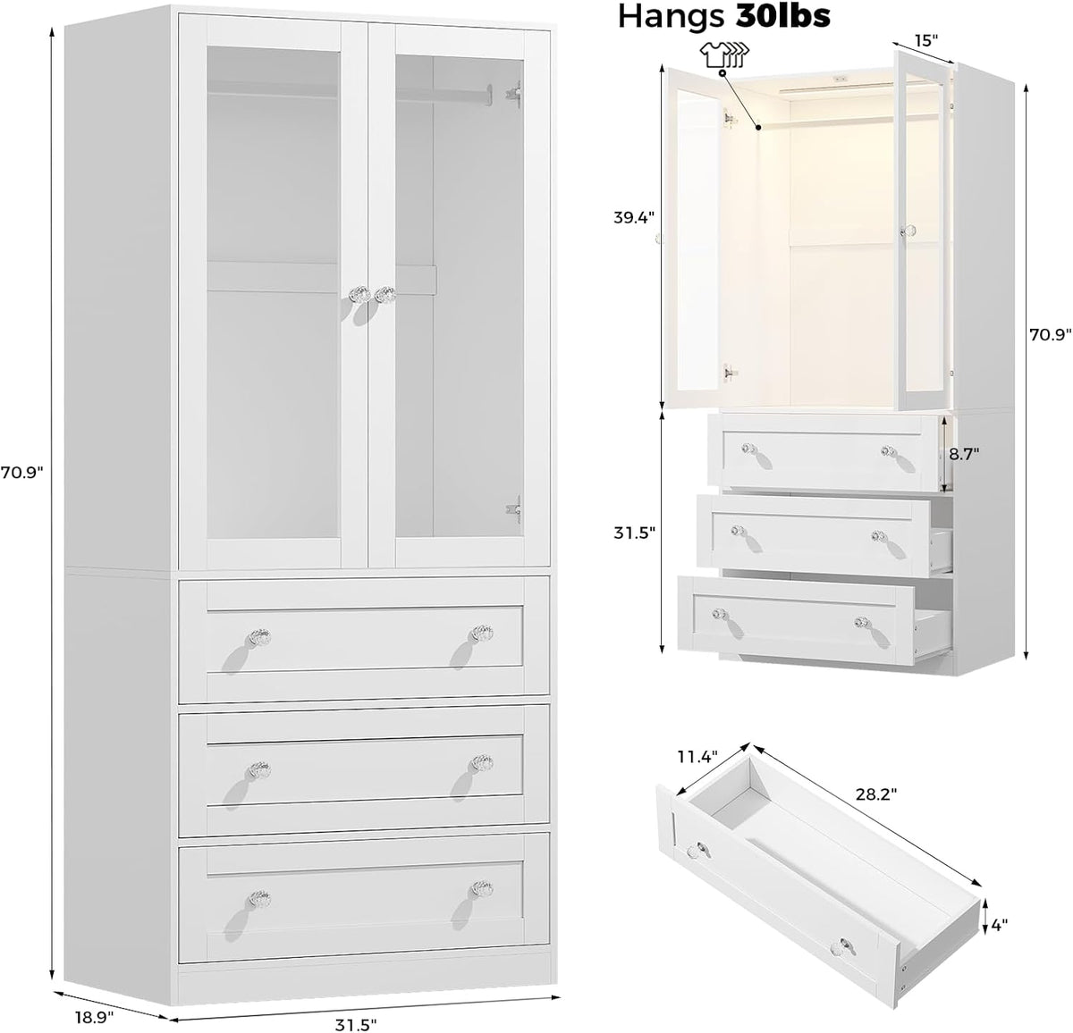 VIEN 31.5" W Glass Door Armoire Closet with LED Lighting, 3 Drawers