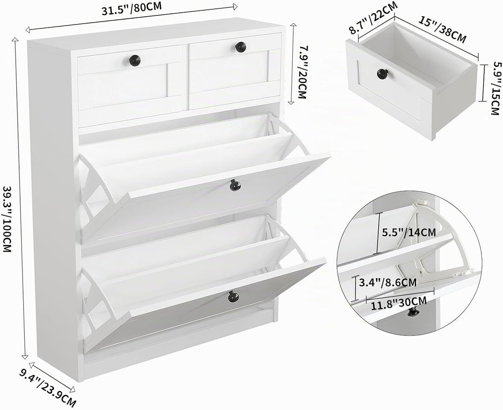 MELL Series 9.4"D Slim Shoe Cabinet with 2 Compartments, 2 Drawers