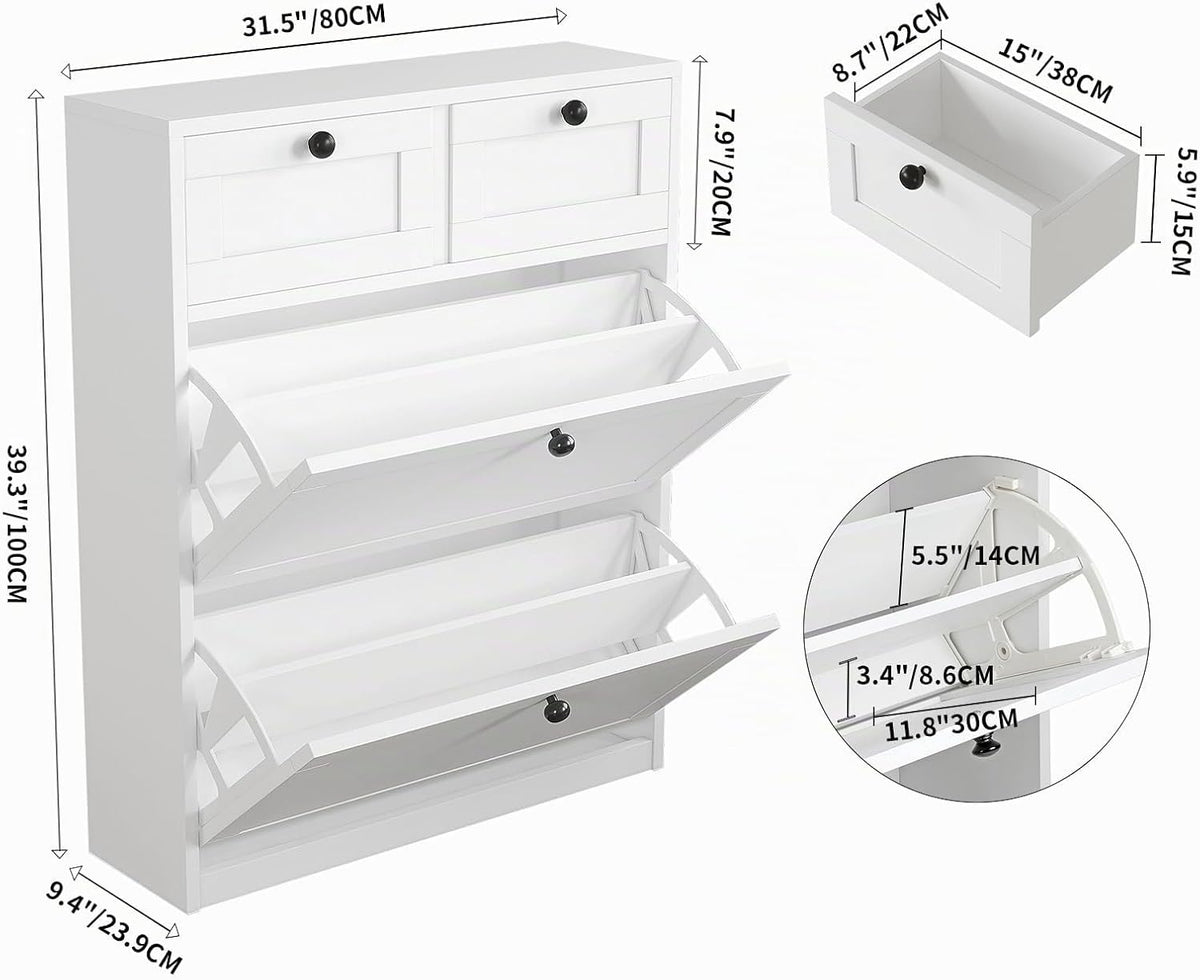 MELL Series 9.4"D Slim Shoe Cabinet with 2 Compartments, 2 Drawers