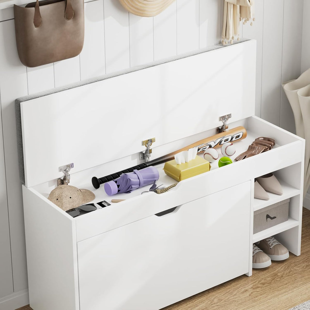 MOOS Series Shoe Bench with 1 Compartment, 3 Shoe Cubbies & Under-Seat Storage