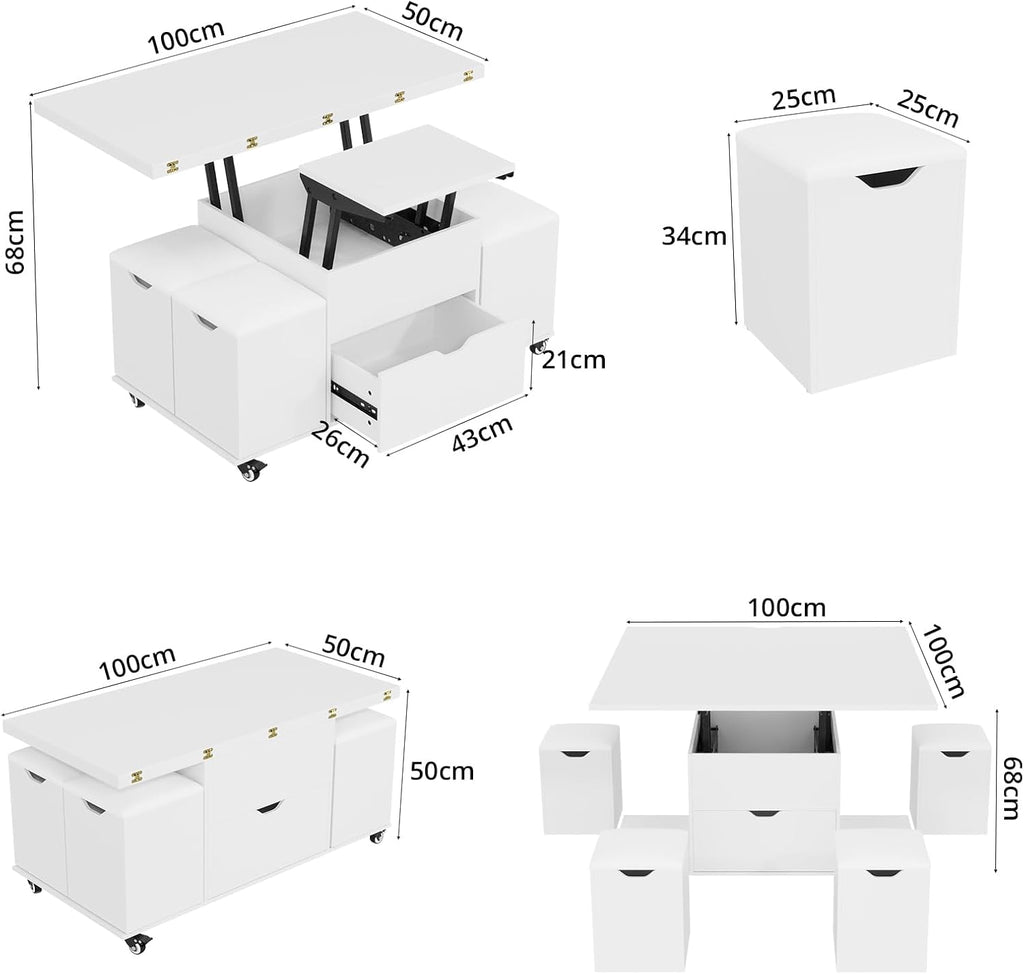 KOPPLI Synchronized Lift-Top Folding Coffee Table with 4 Stools