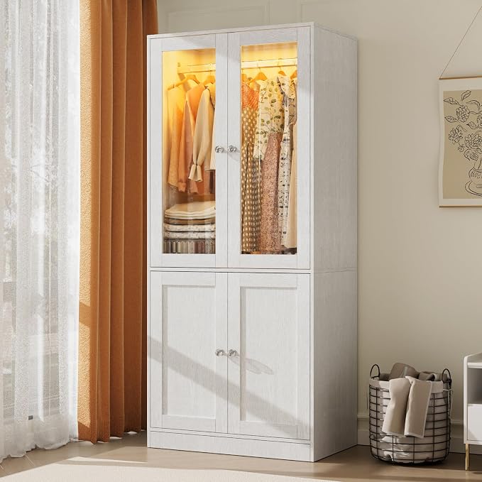 VIEN 31.5" W Glass Door Armoire Closet with LED Lighting, Shelves