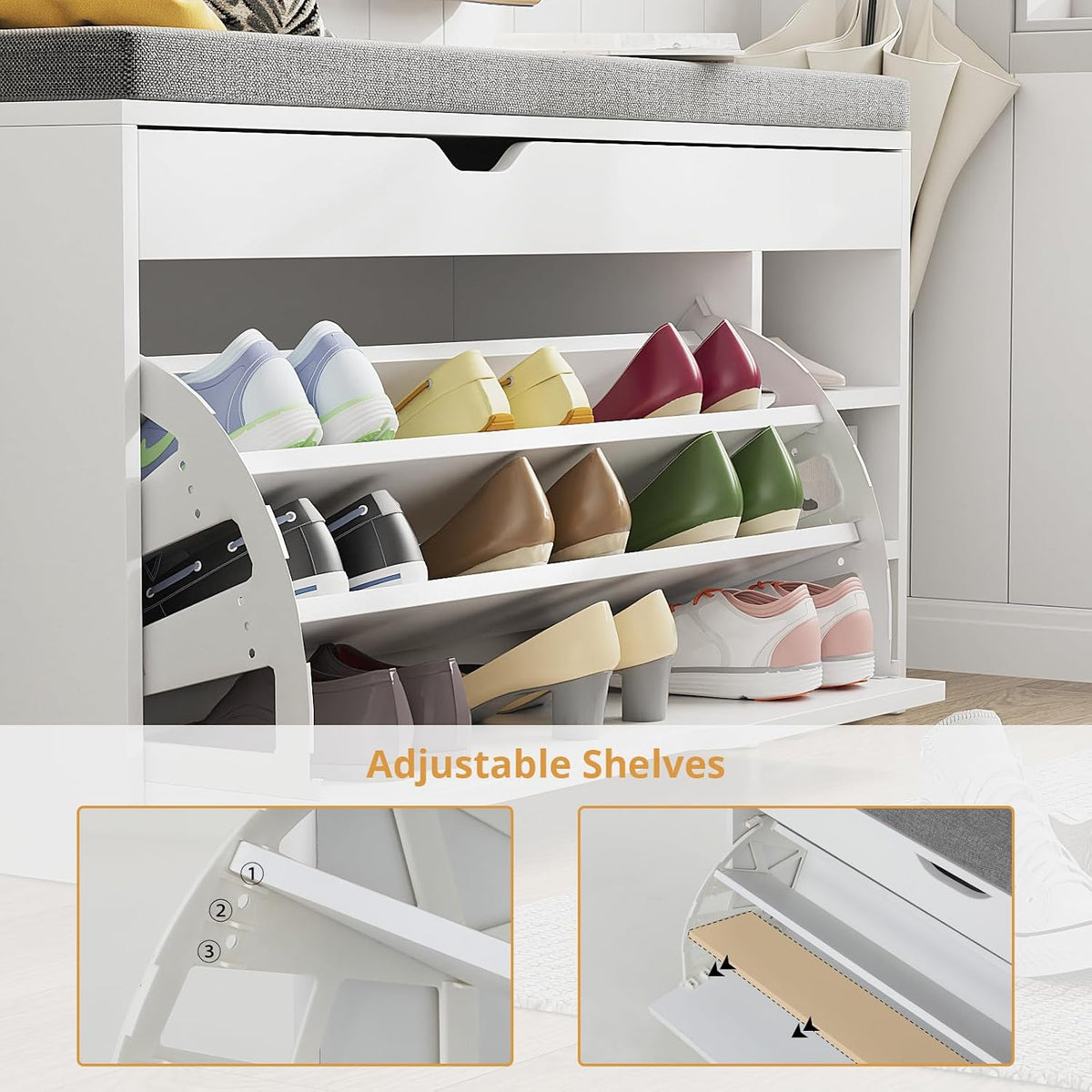 MOOS Series Shoe Bench with 1 Compartment, 3 Shoe Cubbies & Under-Seat Storage