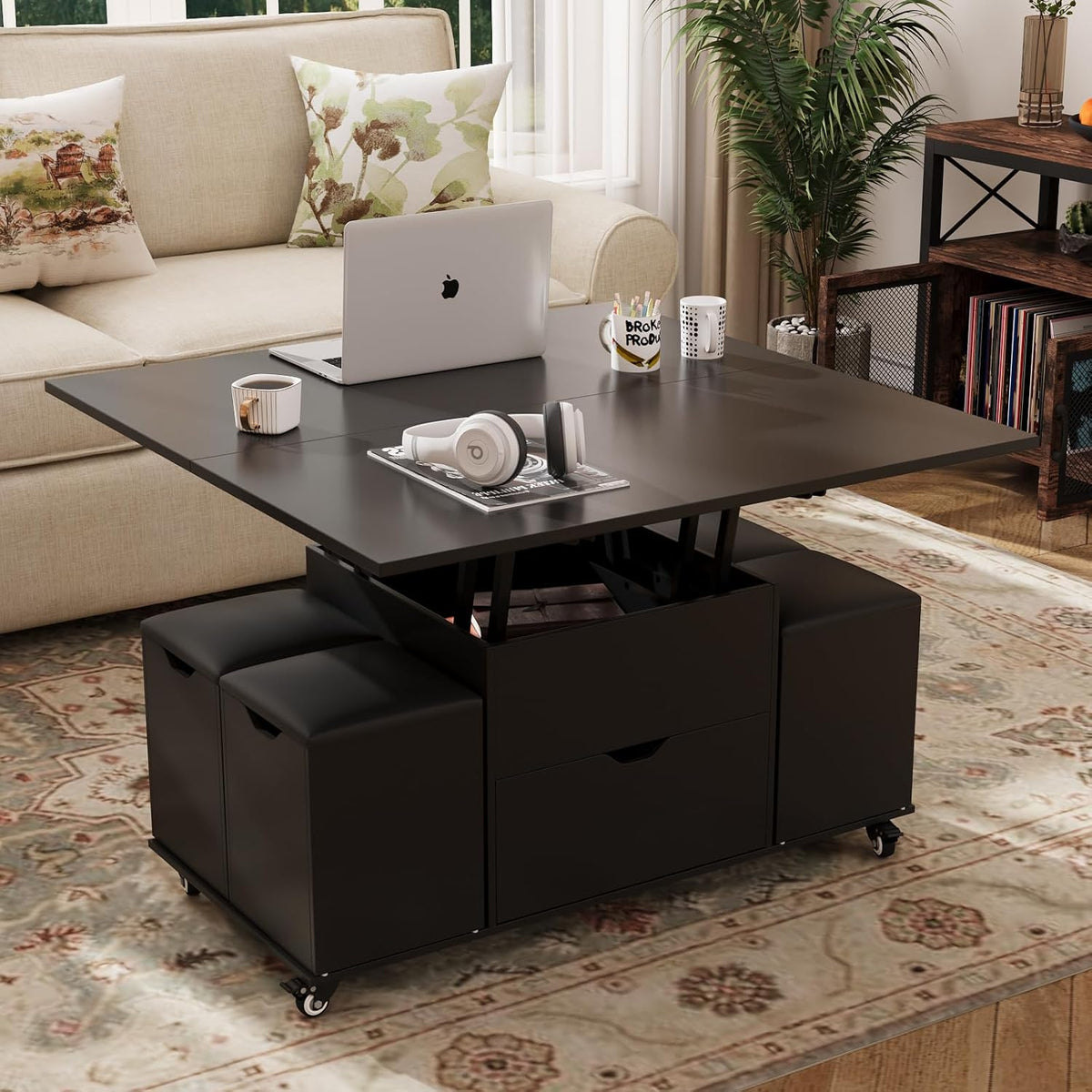 KOPPLI Synchronized Lift-Top Folding Coffee Table with 4 Stools