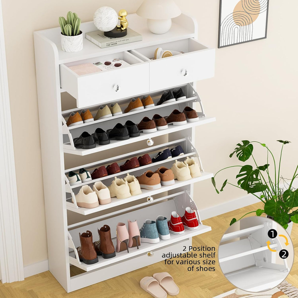 MELL Series 9.4"D Slim Shoe Cabinet with 3 Compartments, 2 Drawers, Crystal Knobs