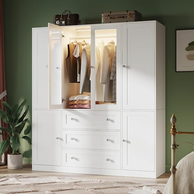 VIEN 63" W Glass Door Armoire Closet with LED Lighting