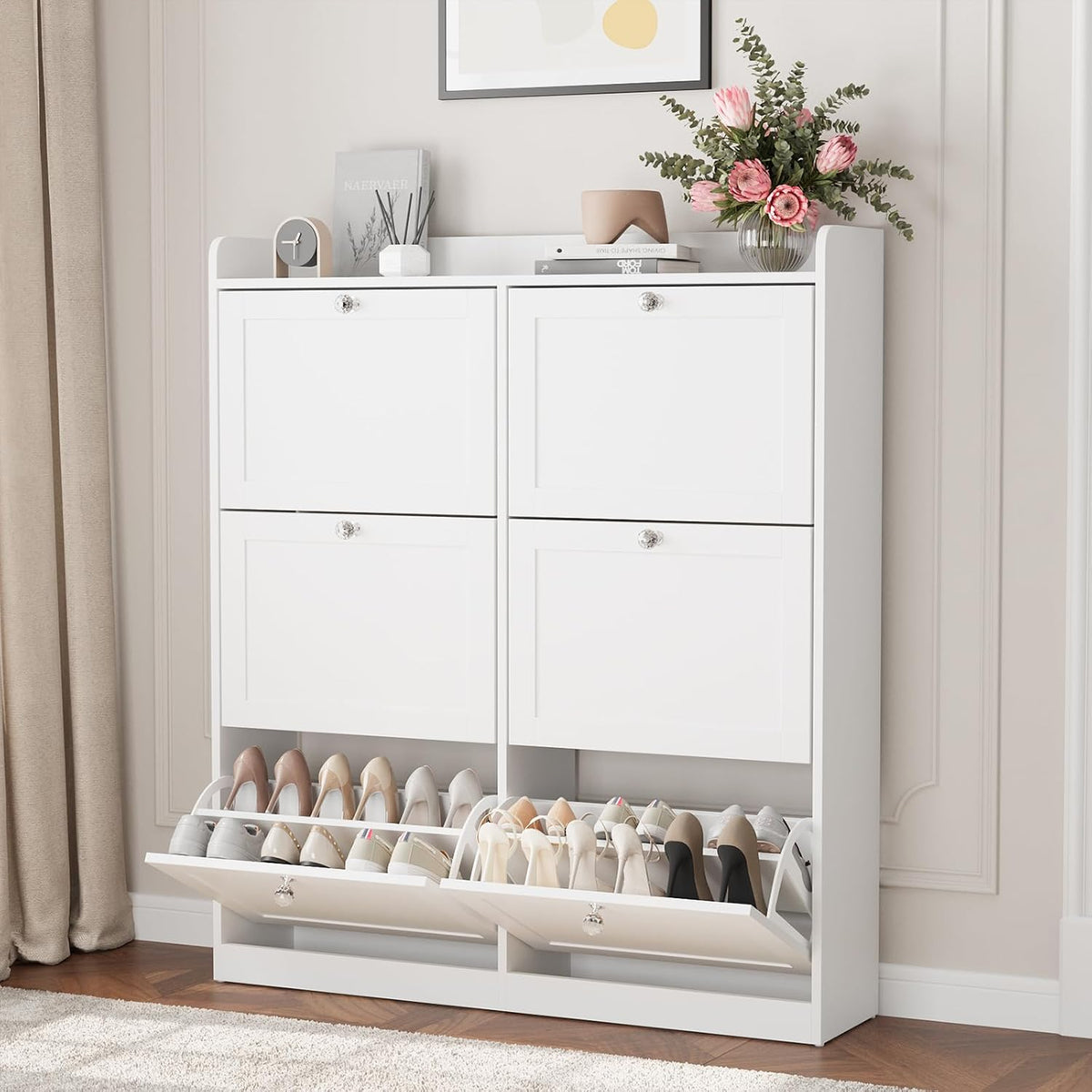 MELL Series 9.4"D Slim Shoe Cabinet with 6 Compartments, Crystal Knobs