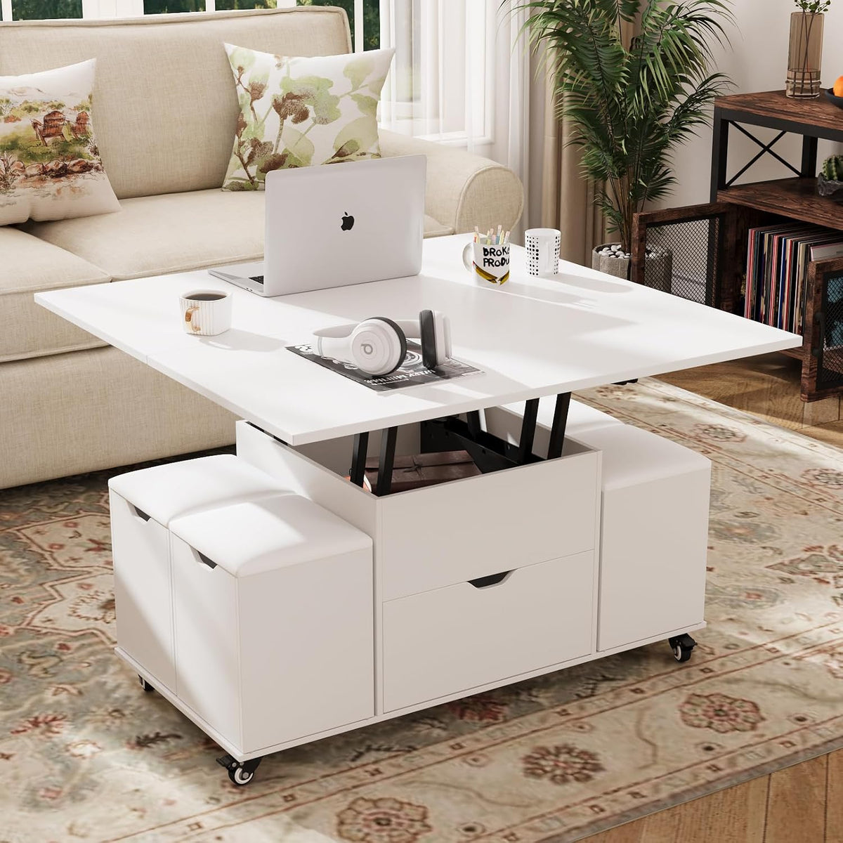 KOPPLI Synchronized Lift-Top Folding Coffee Table with 4 Stools