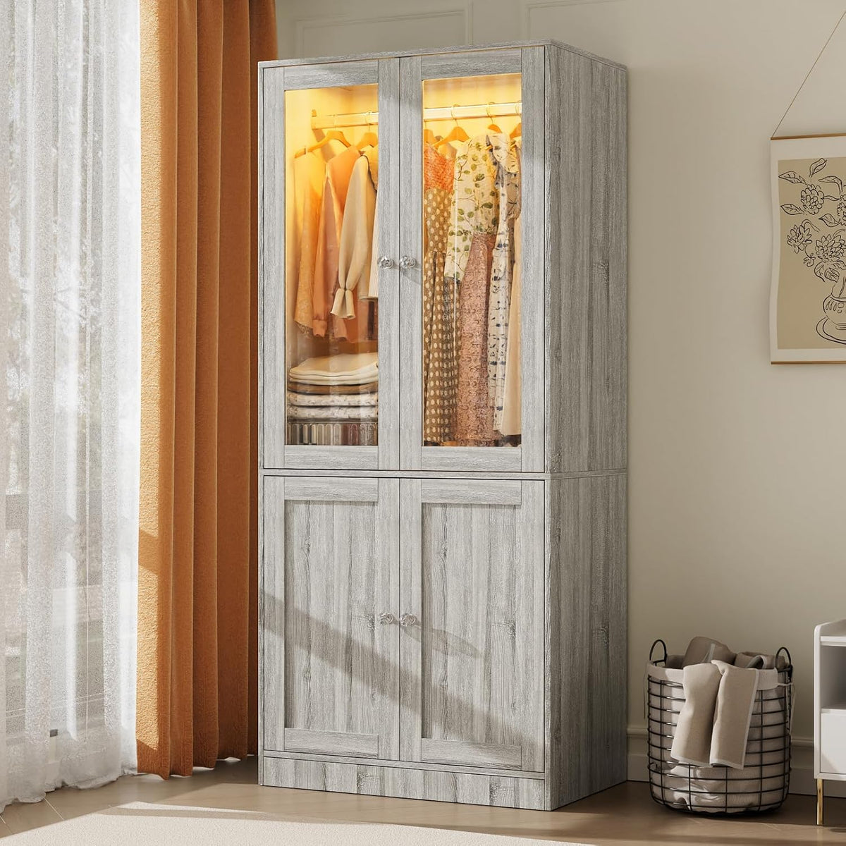 VIEN 31.5" W Glass Door Armoire Closet with LED Lighting, Shelves