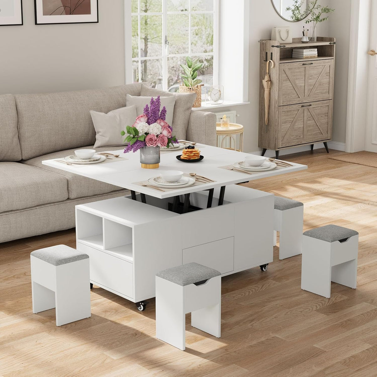 KOPPLI Synchronized Lift-Top Folding Coffee Table with 2 Drawers