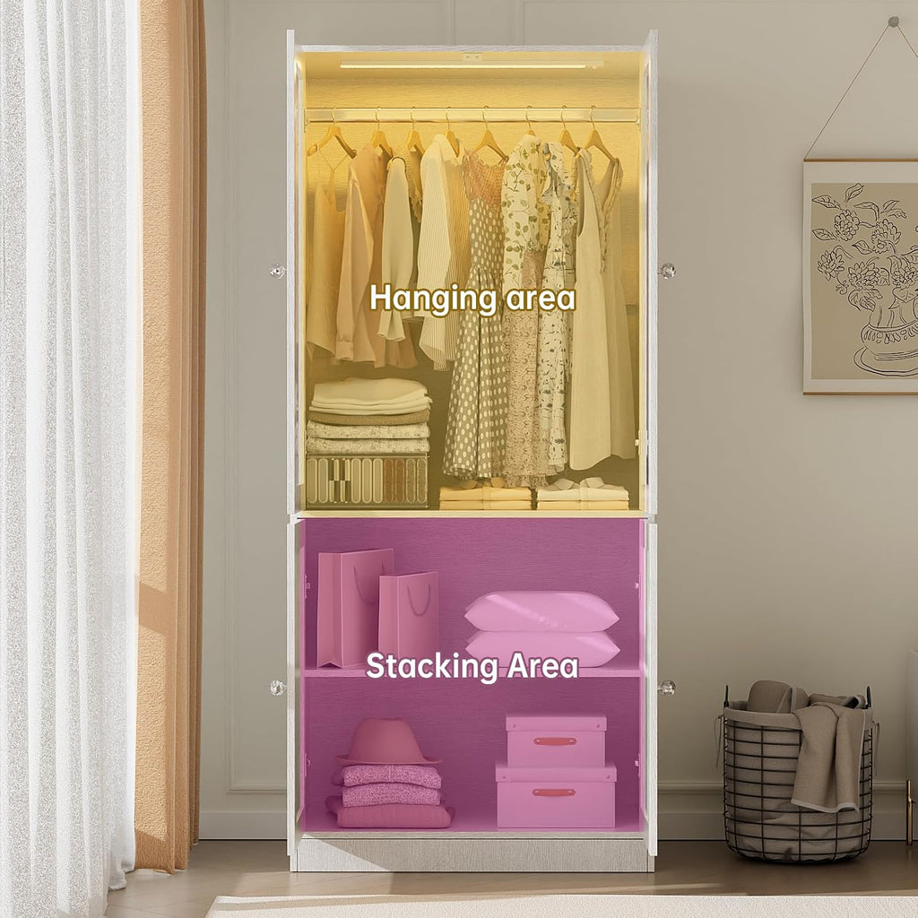 VIEN 31.5" W Glass Door Armoire Closet with LED Lighting, Shelves