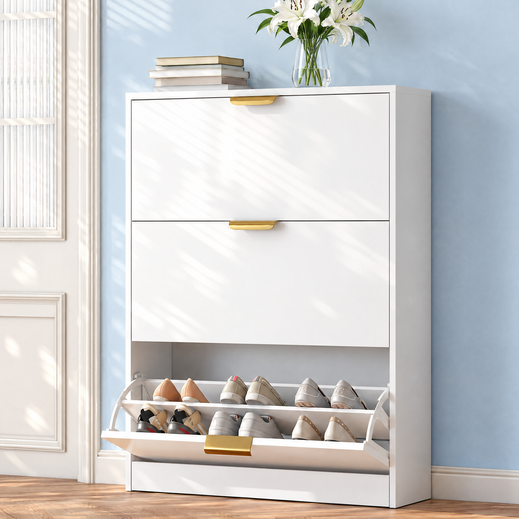 BODVIK Series Shoe Cabinet with 3 Compartments, Gold Handles
