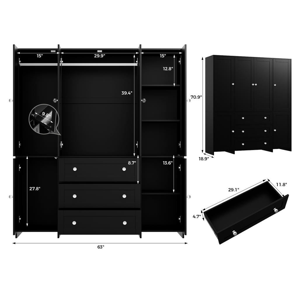 ELARA Mirrored Armoire Wardrobe 63" W x 18.9" D x 71" H