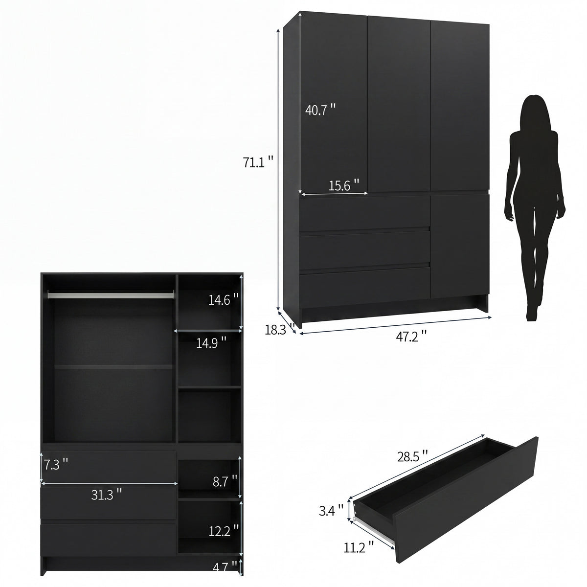 KIRA 47.3" W Handleless LED Wardrobe with Mirror