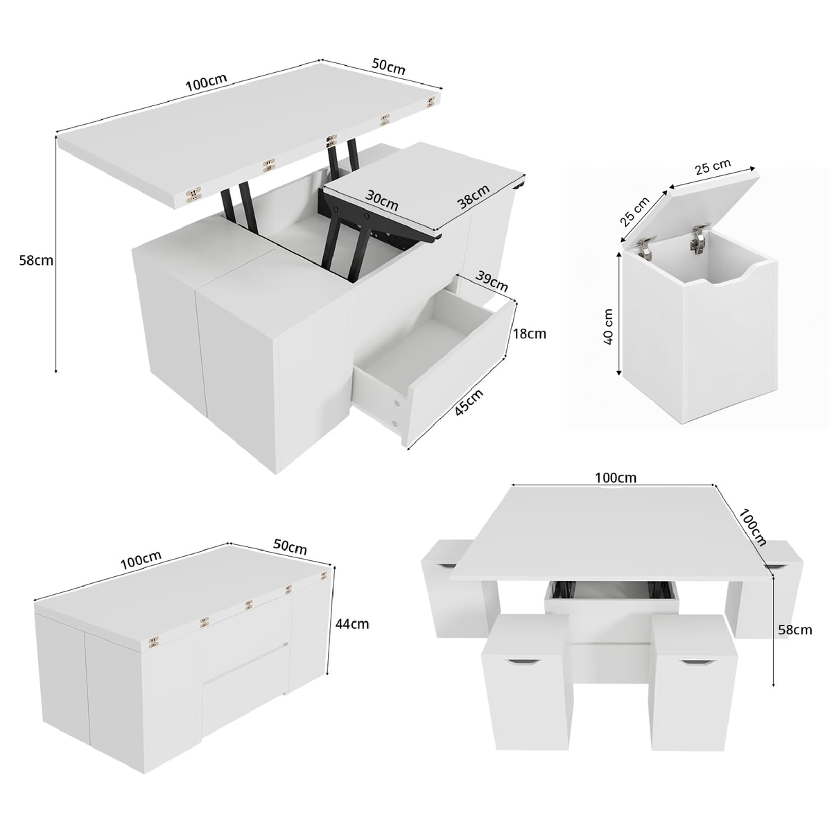 KOPPLI Synchronized Lift-Top Folding Coffee Table & Stools Set