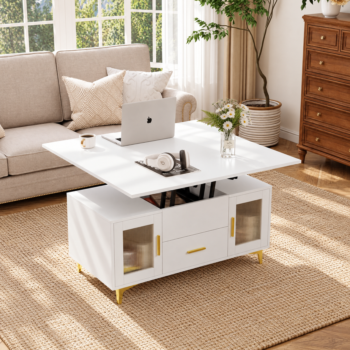 KOPPLI Synchronized Lift-Top Folding Coffee Table with 2 Compartments