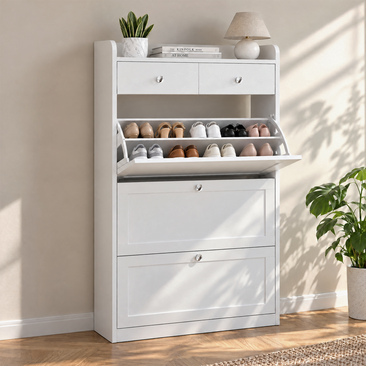 MELL Series 9.4"D Slim Shoe Cabinet with 3 Compartments, 2 Drawers, Crystal Knobs