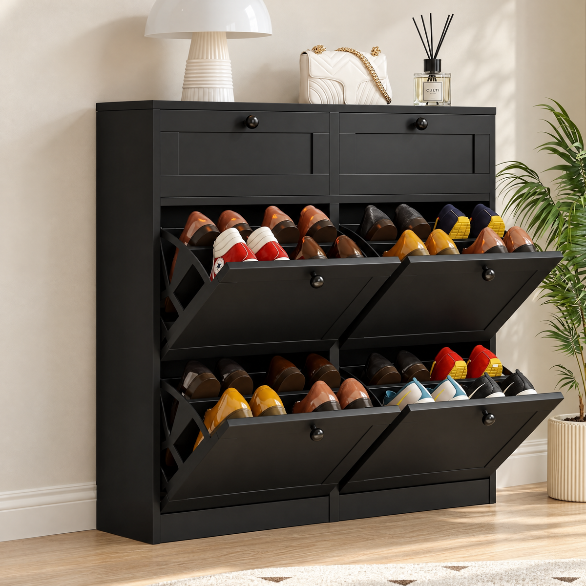 MELL Series 9.4"D Slim Shoe Cabinet with 4 Compartments, 2 Drawers