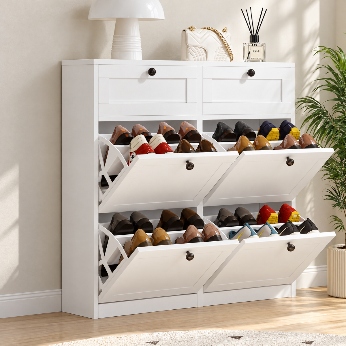 MELL Series 9.4"D Slim Shoe Cabinet with 4 Compartments, 2 Drawers