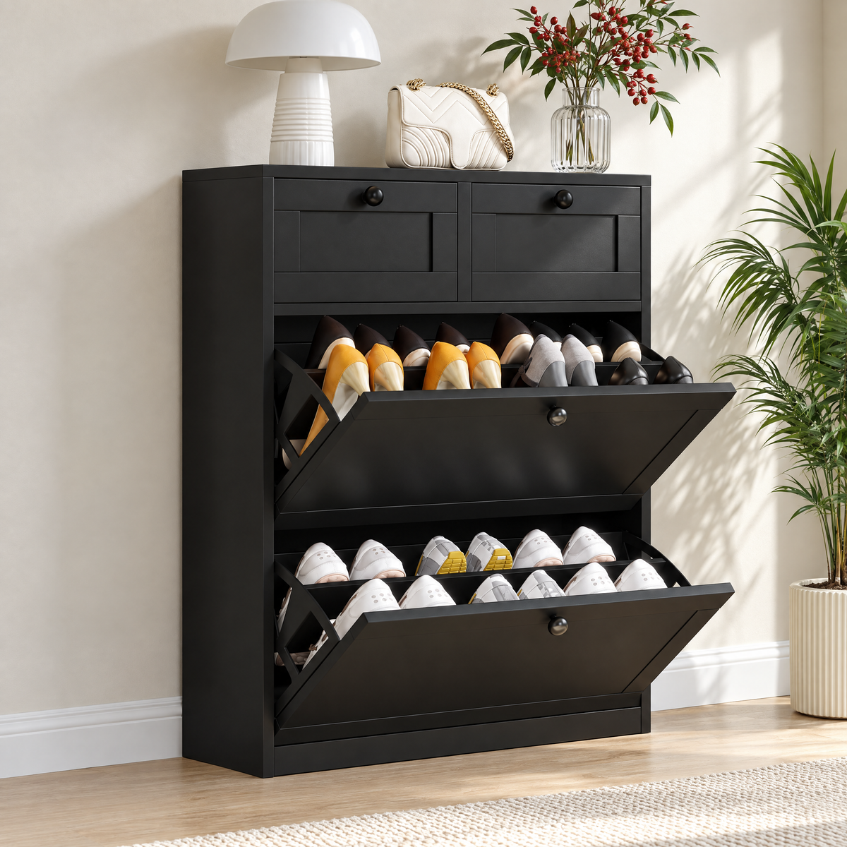 MELL Series 9.4"D Slim Shoe Cabinet with 2 Compartments, 2 Drawers