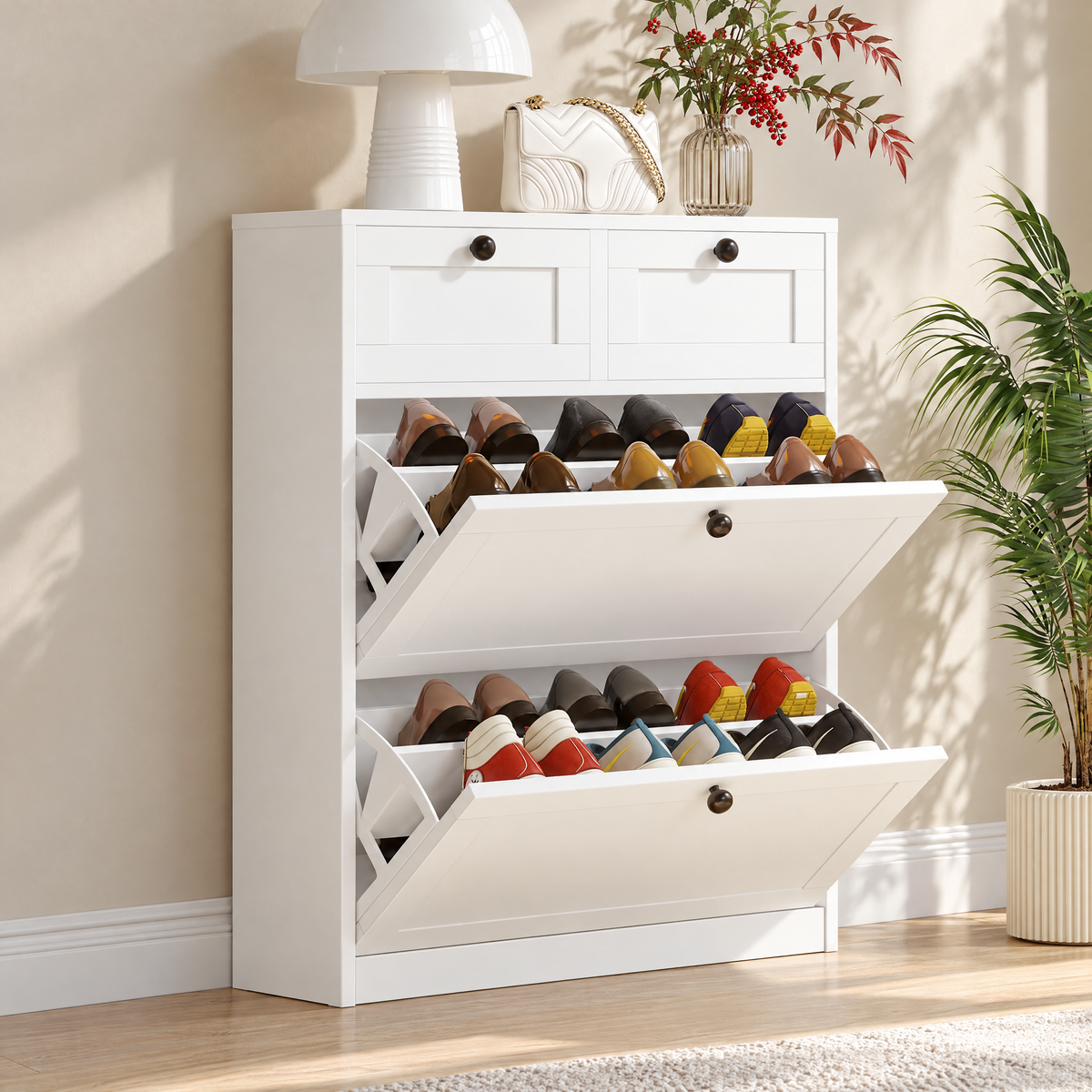 MELL Series 9.4"D Slim Shoe Cabinet with 2 Compartments, 2 Drawers