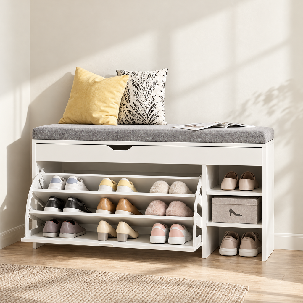A white entryway shoe bench with a gray cushion, styled with two decorative pillows, an open magazine, and multiple pairs of shoes on open shelves and side storage compartments, set in a bright room with sunlight and a rug.