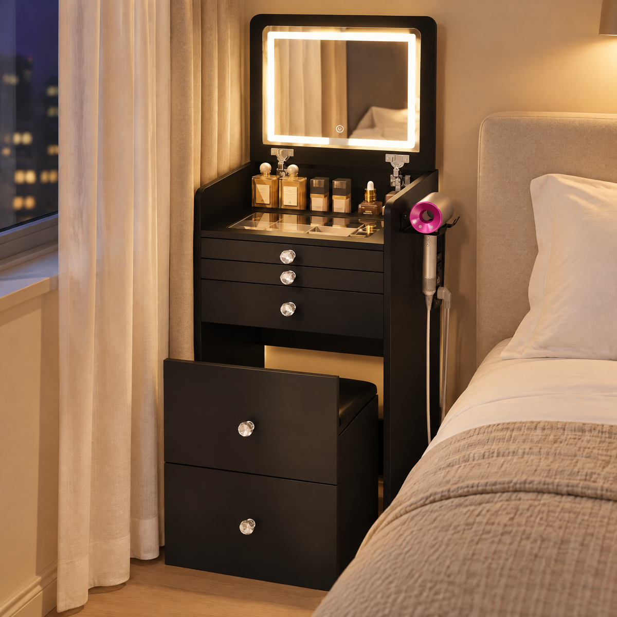 MONO Flip-Top Vanity & Nightstand with LED Mirror