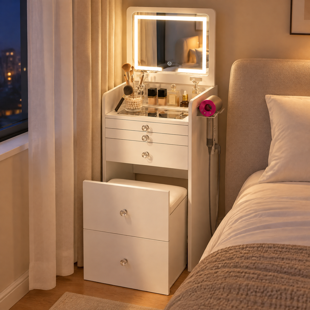 MONO Flip-Top Vanity & Nightstand with LED Mirror