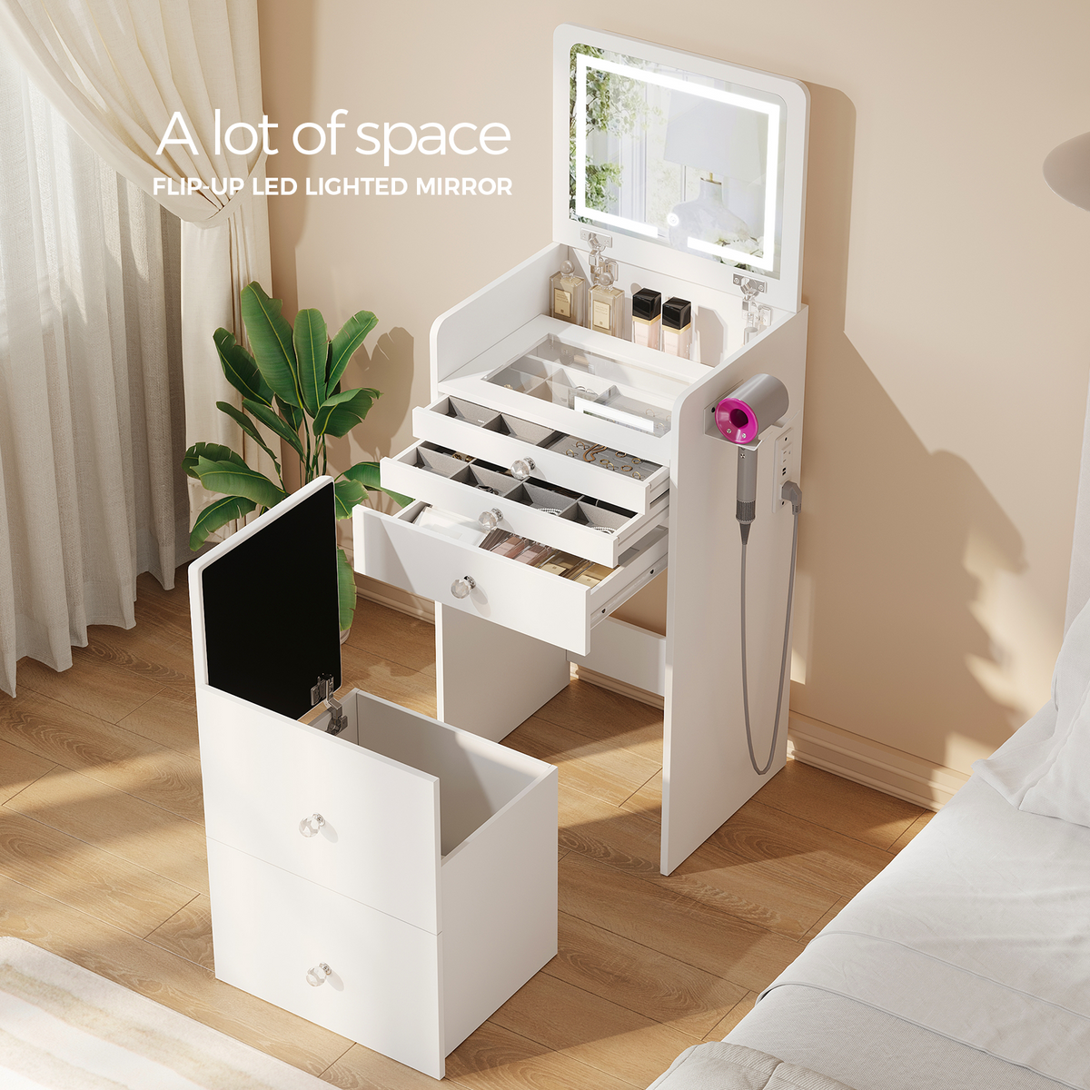 MONO Flip-Top Vanity & Nightstand with LED Mirror