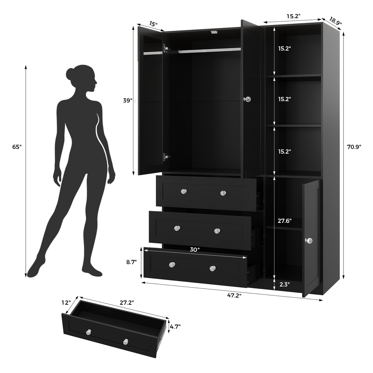 ELARA Mirrored Armoire Wardrobe with Open Cubbies