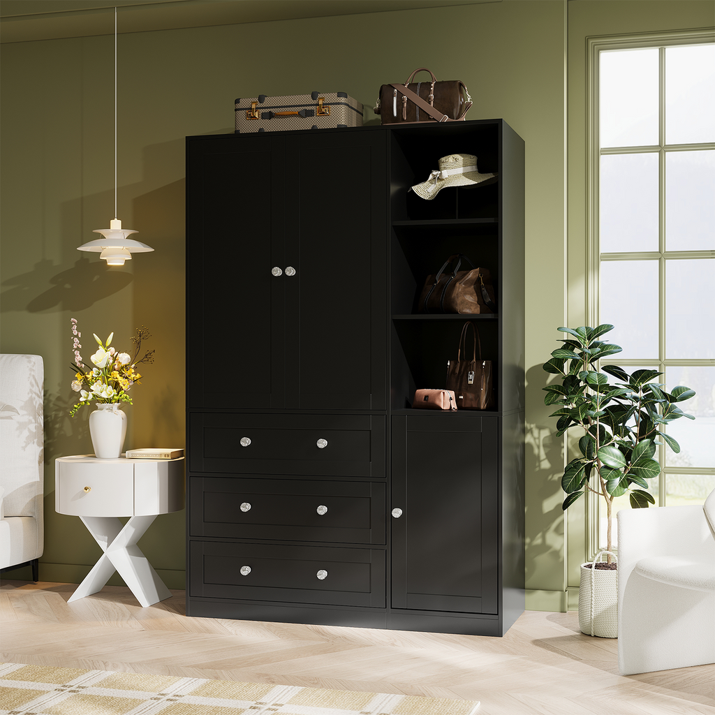 ELARA Mirrored Armoire Wardrobe with Open Cubbies