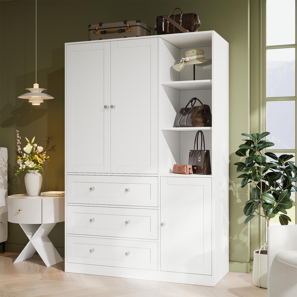 ELARA Mirrored Armoire Wardrobe with Open Cubbies
