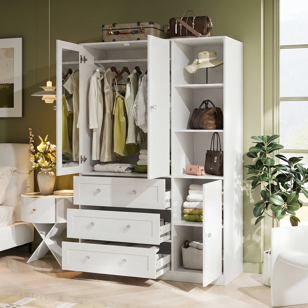 ELARA Mirrored Armoire Wardrobe with Open Cubbies