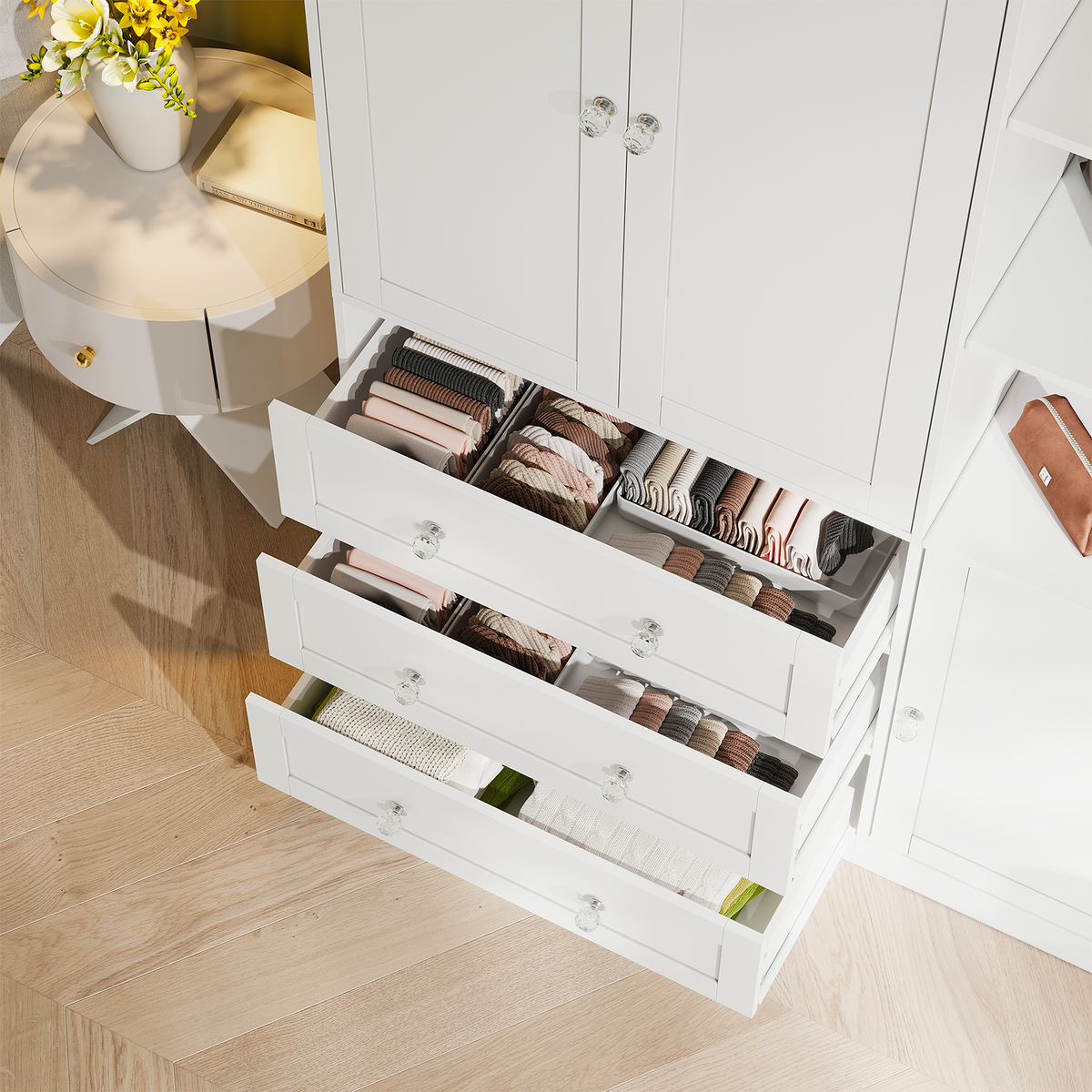 ELARA Mirrored Armoire Wardrobe with Open Cubbies