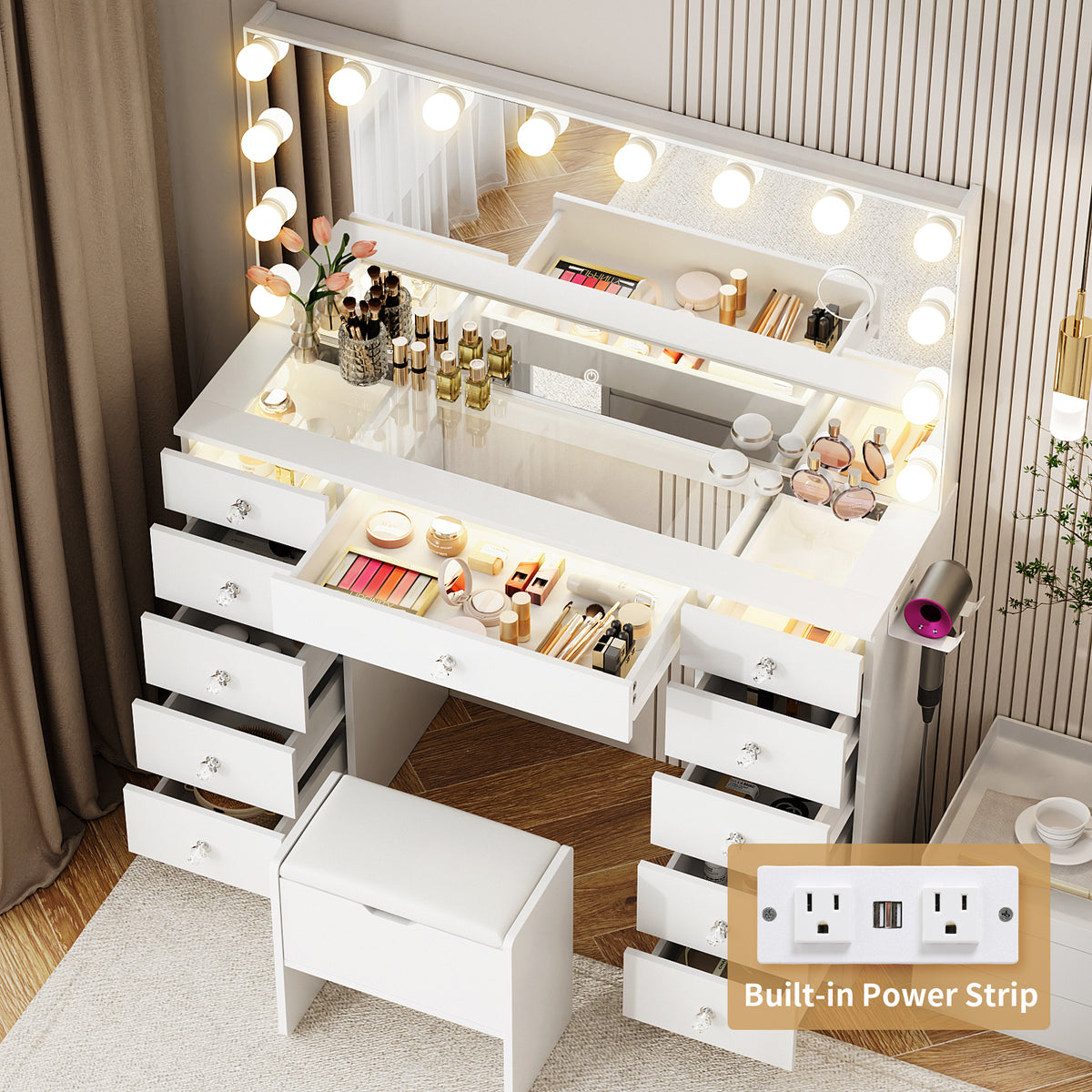 STELLIS Glass-Top Lighted Vanity Set with Magnifying Mirror