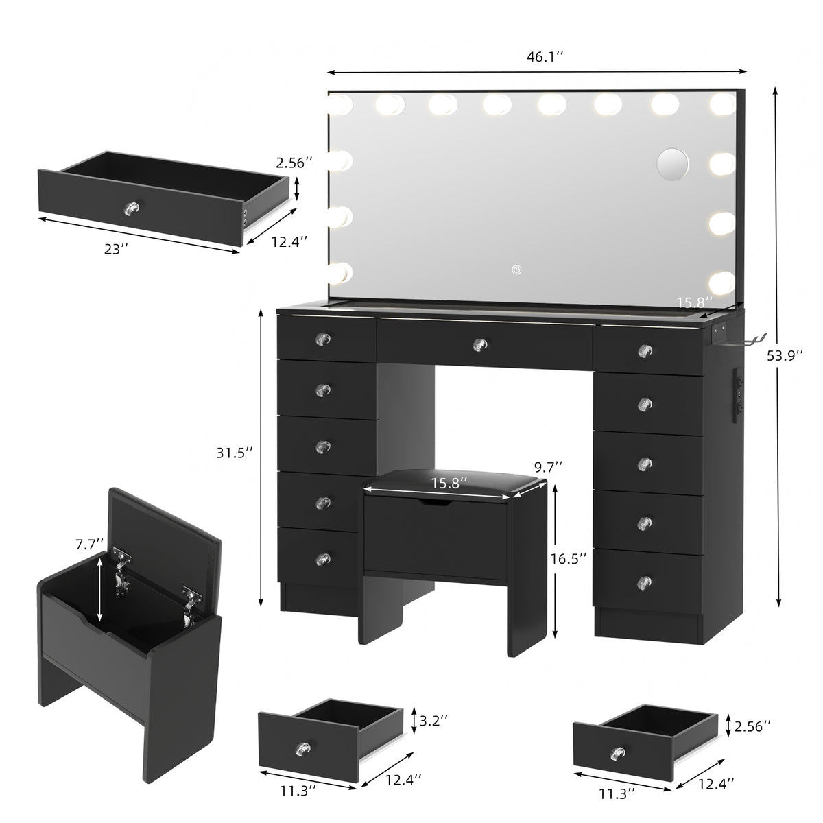 STELLIS Glass-Top Lighted Vanity Set with Magnifying Mirror