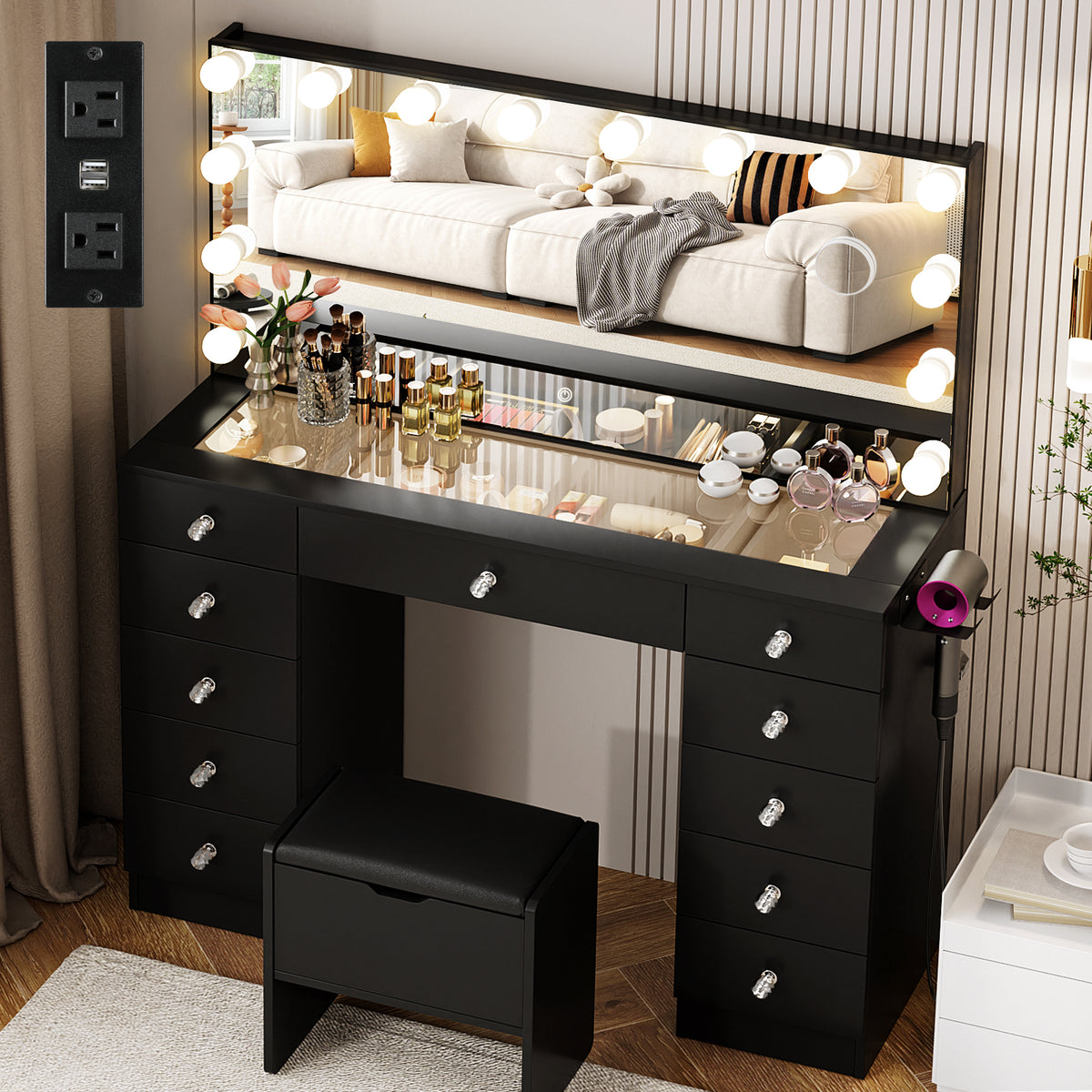 STELLIS Glass-Top Lighted Vanity Set with Magnifying Mirror