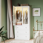 VIEN 31.5" W Glass Door Armoire Closet with LED Lighting, 3 Drawers