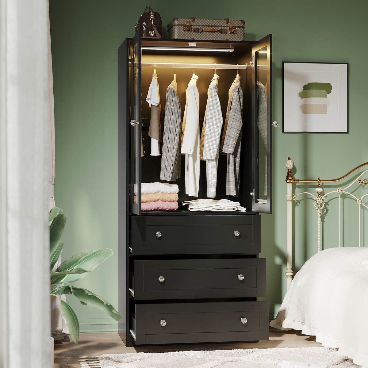 VIEN 31.5" W Glass Door Armoire Closet with LED Lighting, 3 Drawers
