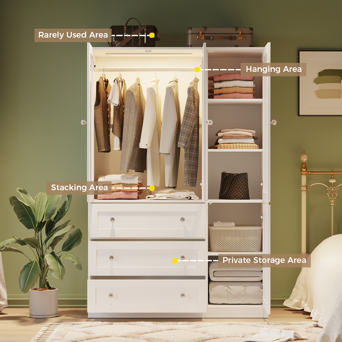 VIEN 47.3" W Glass Door Armoire Closet with LED Lighting