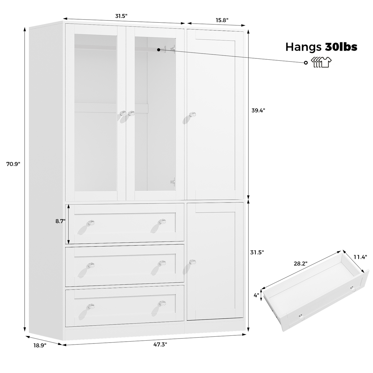 VIEN 47.3" W Glass Door Armoire Closet with LED Lighting
