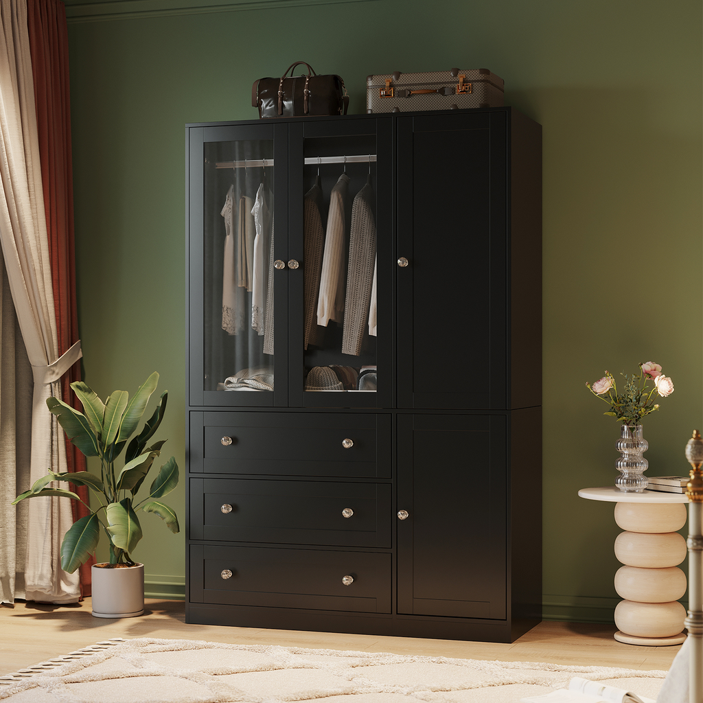 VIEN 47.3" W Glass Door Armoire Closet with LED Lighting