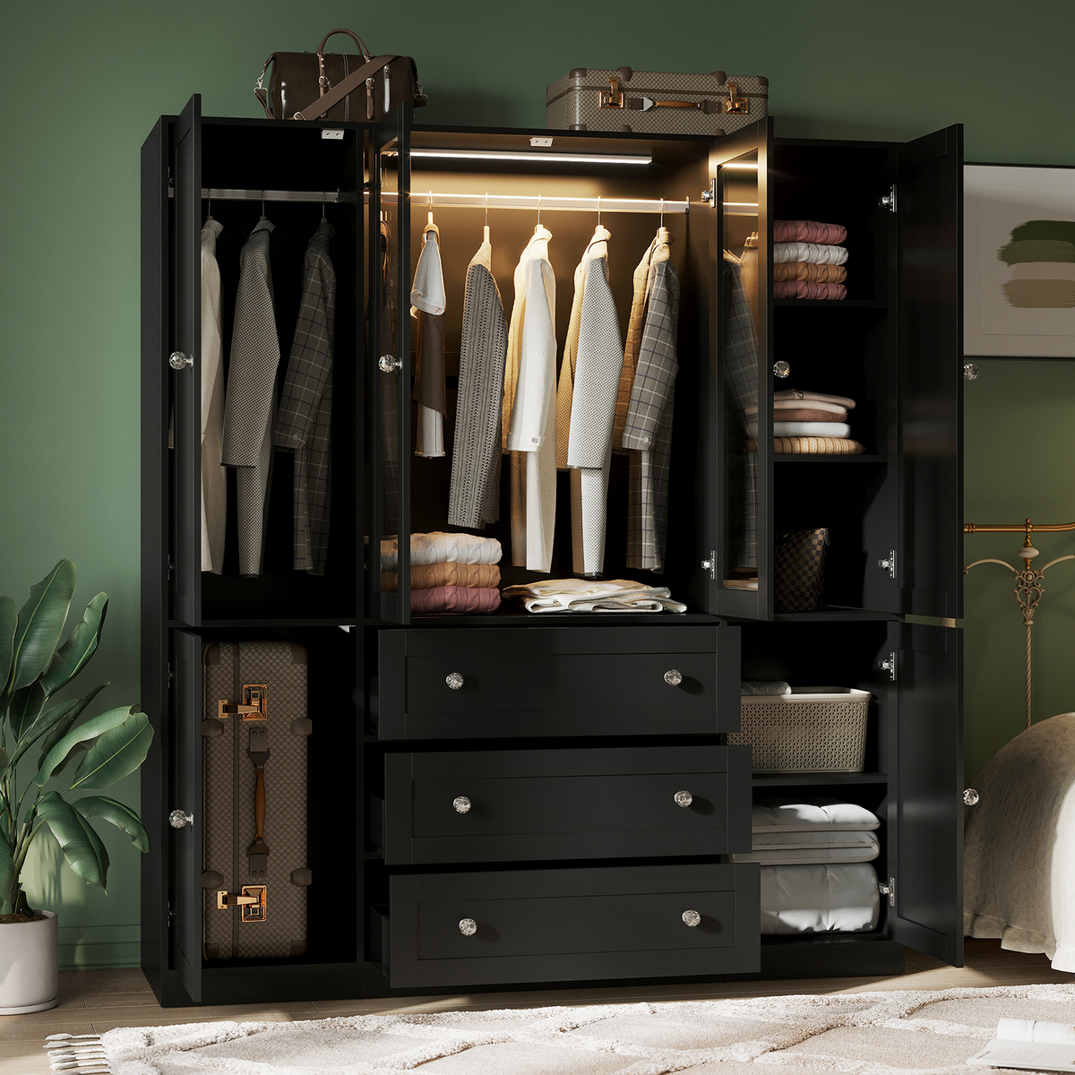 VIEN 63" W Glass Door Armoire Closet with LED Lighting