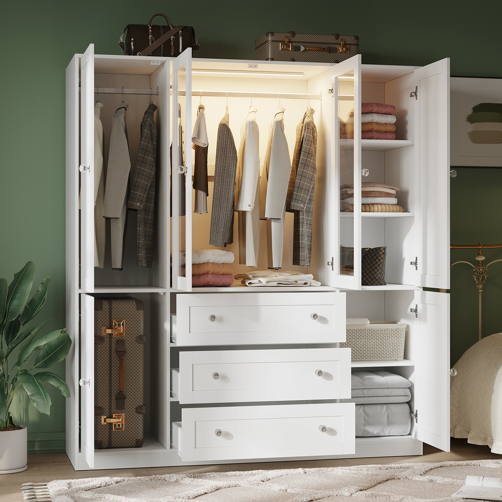 VIEN 63" W Glass Door Armoire Closet with LED Lighting