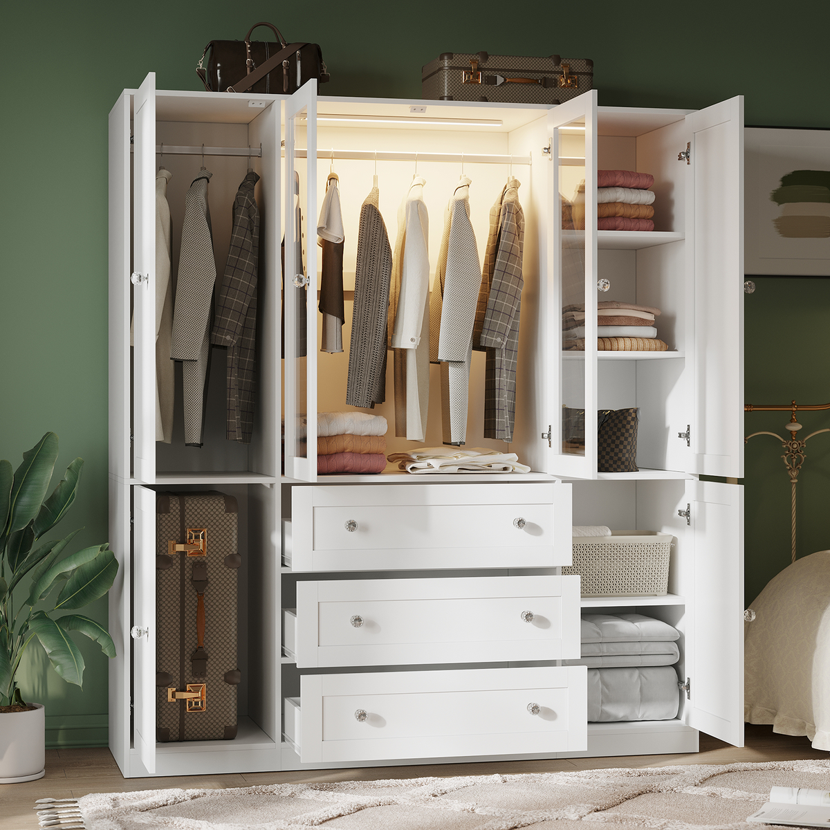 VIEN 63" W Glass Door Armoire Closet with LED Lighting