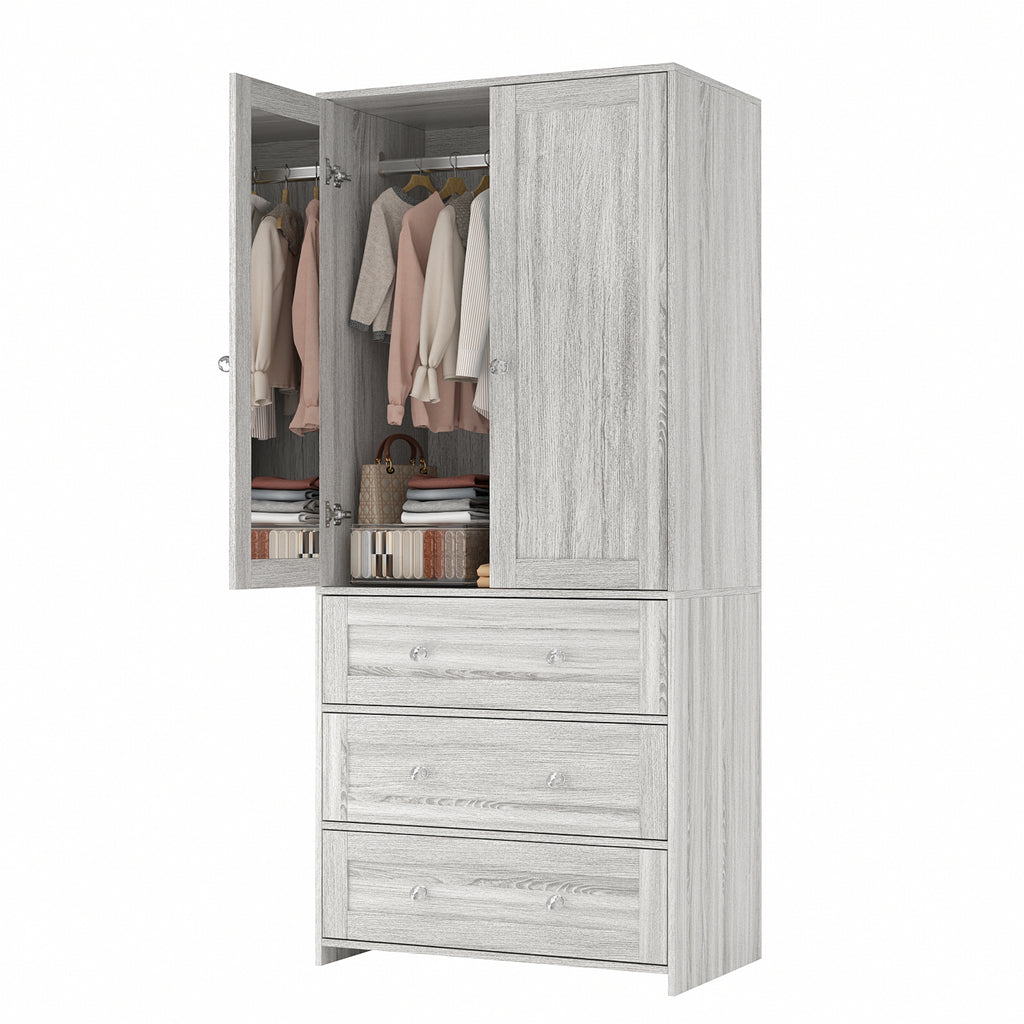 ELARA Mirrored Armoire Wardrobe with 3 Drawers 31.5" W x 18.9" D x 71" H