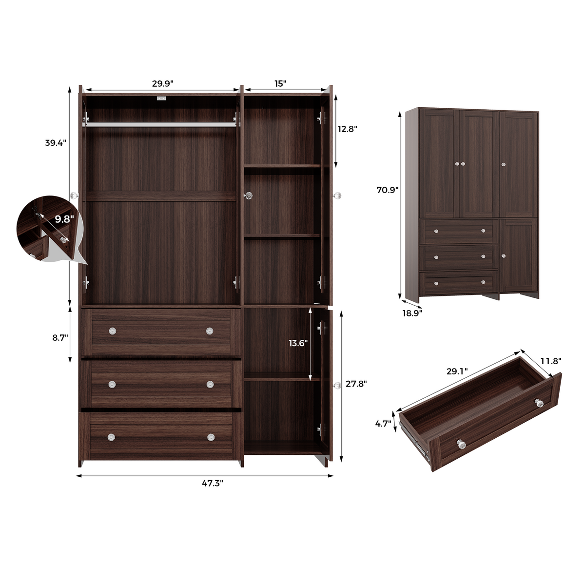 ELARA 47.3" W Mirrored Armoire Wardrobe